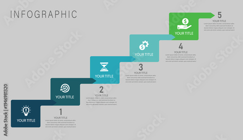 Modern Business Infographic Five Step Stair Process Template for Workflow, Strategy Planning, Marketing Presentation and Data Visualization Design