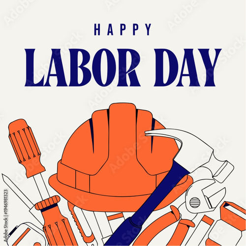 “Labor Day Poster Vector Illustration with Helmet, Hammer and Tools”