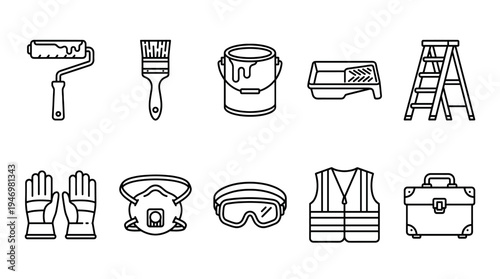 A clean, vector illustration showcasing essential painting tools and safety equipment, ideal for DIY, renovation, or professional trade content.
