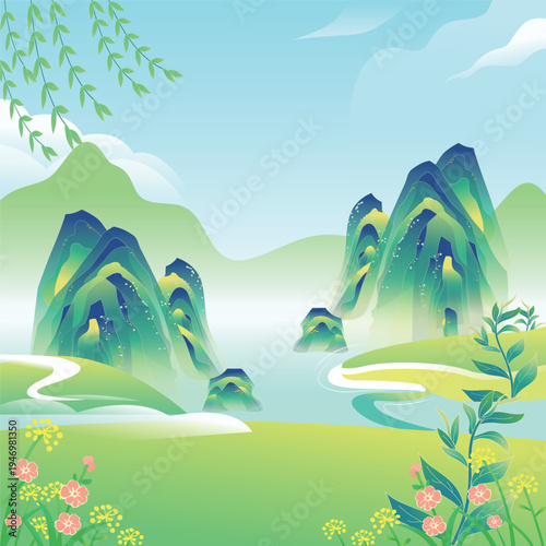Beautiful spring landscape with mountains and rivers for Qingming Festival