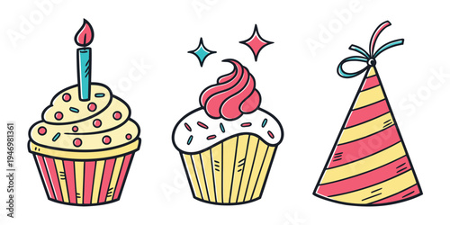 Colorful illustration of birthday cupcakes and party hat on with sparkles