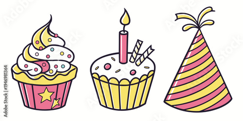 Colorful birthday icons including cupcake with candle and party hat