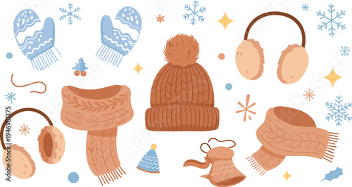Winter clothing accessories set with knitted hat scarf mittens earmuffs and warm sweater cozy cold season flat vector illustration