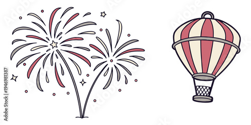 Colorful illustration of fireworks and a hot air balloon