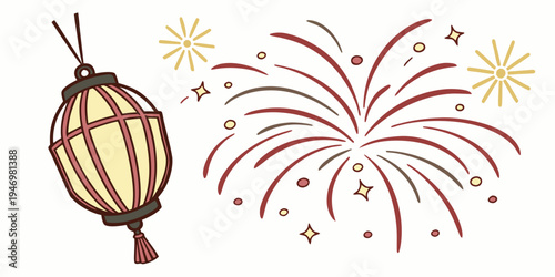 A colorful illustration of a hanging lantern with fireworks exploding in the background