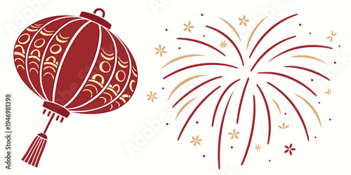 Red chinese lantern and firework explosion with golden patterns for chinese new year celebration