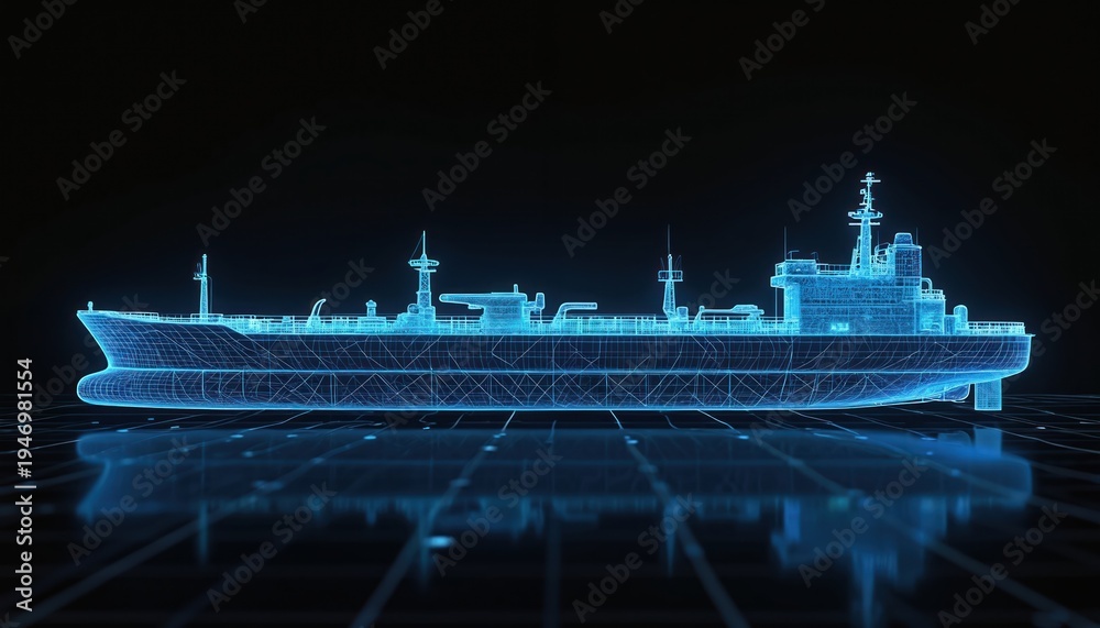Fototapeta premium Futuristic ship blueprint glows blue as a neon hologram. Wireframe vessel floats on digital grid, projecting advanced transport tech. Future logistics and global trade concept.