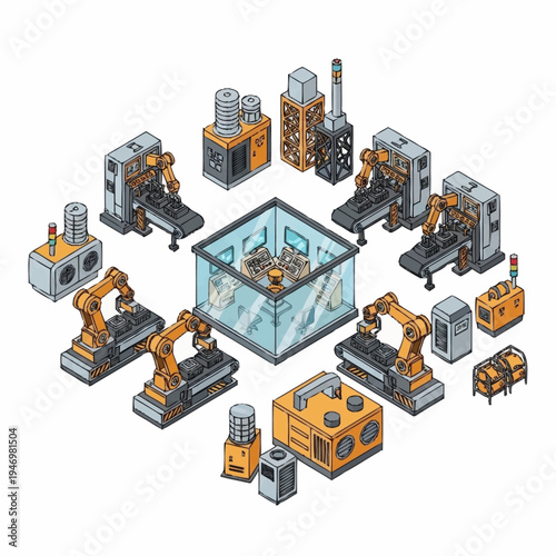 Isometric pixel art factory with robotic arms and industrial machinery.