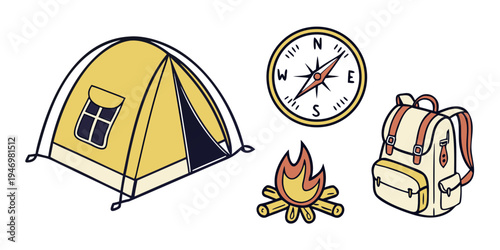 A set of camping icons including a tent, compass, campfire, and backpack for outdoor adventure and travel