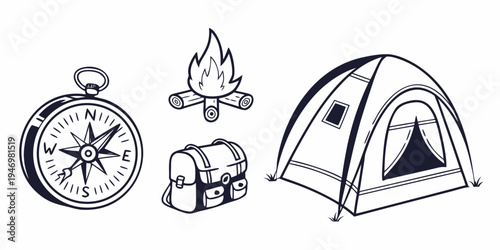 Camping icons including compass, campfire, luggage, and tent