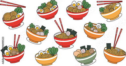 Japanese ramen noodle bowl vector illustration set with chopsticks, egg, seaweed and vegetables, delicious Asian soup collection for restaurant menu design