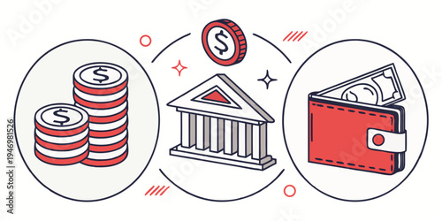 Financial icons including coins, bank building, and wallet on for business and money concepts