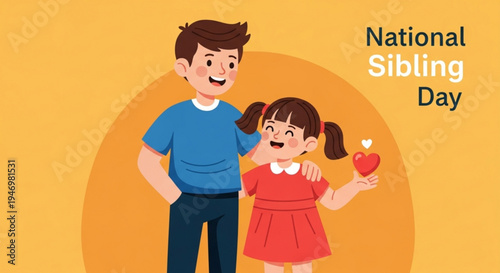 Happy national sibling day illustration of brother and sister with heart