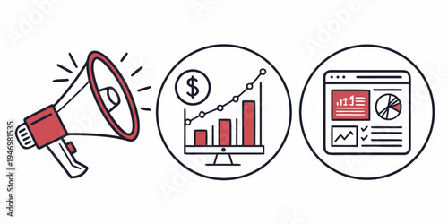 Business communication and financial growth concept with megaphone and computer screen showing graph and web page