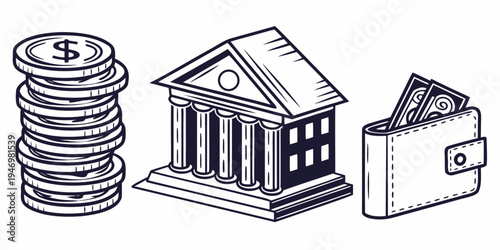 Black and white illustration of coins, bank building and wallet