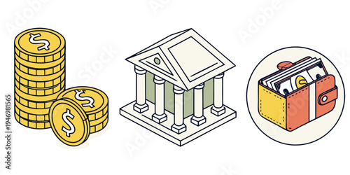 Financial icons including coins, bank building, and wallet on for business and banking concepts