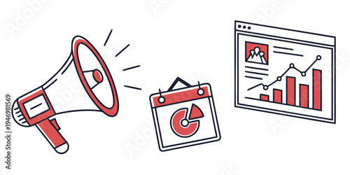 A graphic illustration of a megaphone, calendar, and computer screen with graphs and charts, representing business communication and data analysis