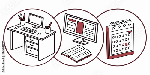 Three circular icons depicting a desk with office supplies, a computer with a calendar on the screen, and a wall calendar, representing organization and planning