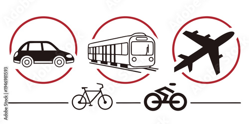 Transportation modes with red prohibition signs indicating no cars buses airplanes bicycles and motorcycles allowed