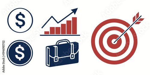 Business finance and investment icons including money, graph, briefcase, and target with arrow