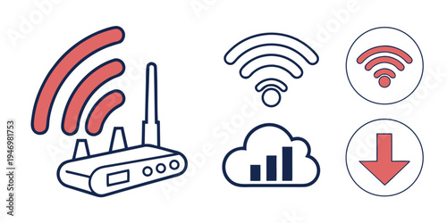 A set of icons representing wireless internet and network connection concepts including a router with wifi signal, a cloud with a graph, and download symbols
