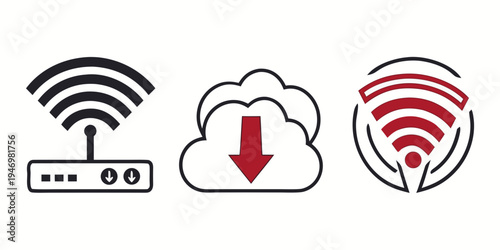 Vector icons of wireless router, cloud download and wifi signal strength on for network and internet concepts