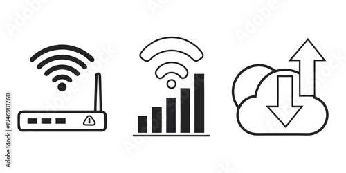 Black and white line icons depicting a router with wifi signal, a wifi signal strength graph, and a cloud with upload and download arrows