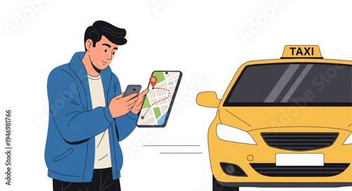 Man Using Phone Near Taxi.
