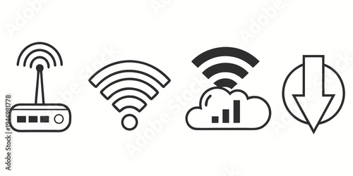 Black line style icons for wifi router, signal, cloud computing and download