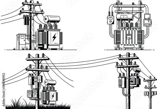 Electrical power distribution vector illustration, pole-mounted transformer, ground-mounted