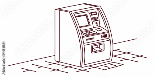 A red line drawing of a ticket vending machine on a grid background