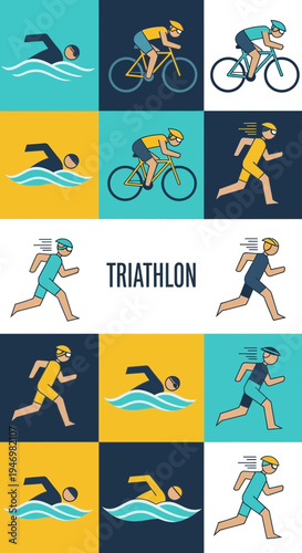 Illustrated Elements of a Triathlon Showcasing Swimming, Cycling, and Running Activities