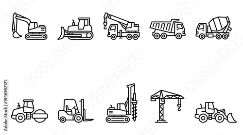 A clean outline collection of various construction vehicles including excavators, bulldozers, cranes, trucks, cement mixers, compactors, forklifts, drill rigs, and loaders.
