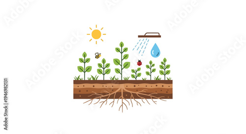 Green plants growing in brown soil.