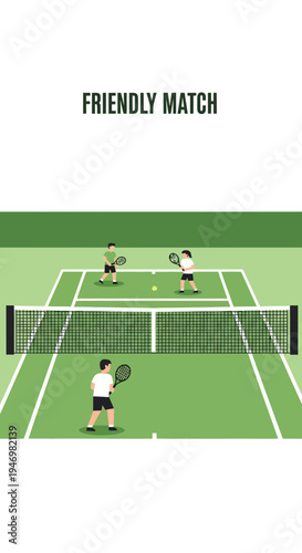 Illustrated Friendly Tennis Match Depicting Sportsmanship and Recreational Activity On Green Court