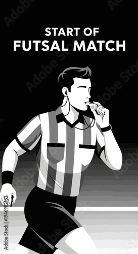 Illustrated Futsal Referee Signaling Game Commencement With Whistle, Black And White Art