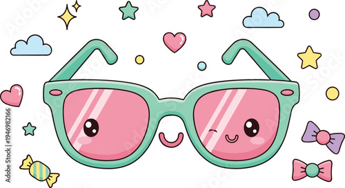 Cute kawaii sunglasses character with smiling face candies stars hearts and clouds playful cartoon accessory illustration colorful flat vector design