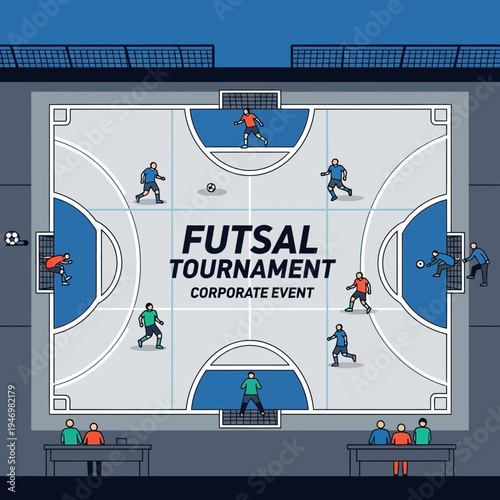 Illustrated Futsal Tournament Depicting Corporate Event with Players in Action on the Court