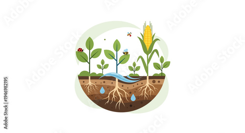 Green plants with roots growing underground.