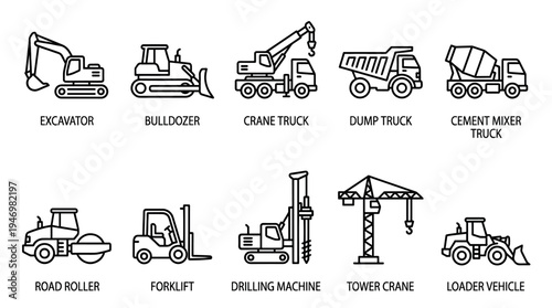 A clean, minimalist collection of line art icons representing various construction vehicles and machinery on a white background, ideal for technical and industrial applications.