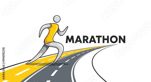 Illustrated Marathon Runner Progressing On A Bright Yellow Road With The Word Marathon