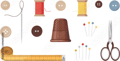Sewing tools and tailoring supplies collection with needle thread buttons thimble scissors measuring tape and pins craft flat vector illustration set