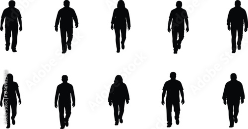 Vector Silhouette Set of Men and Women Walking Forward Towards Camera Isolated on White Background for Urban Motion Design and Pedestrian Street Scenes