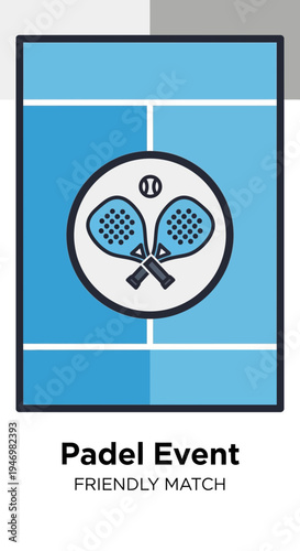 Illustrated Padel Court Design with Paddles and Ball Depicting Friendly Sport Event