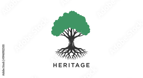 Tree with Roots and Heritage Text Logo.