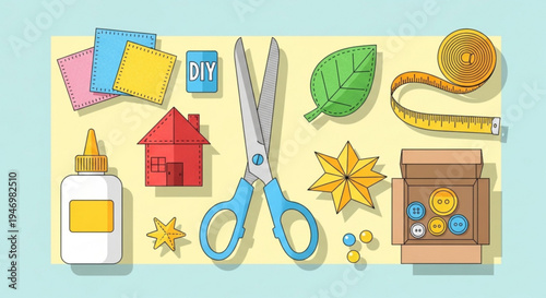 Diy crafting tools and materials for home improvement projects including scissors glue tape measure and colorful supplies on a yellow background