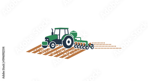 Green Tractor Plowing Field Agriculture.