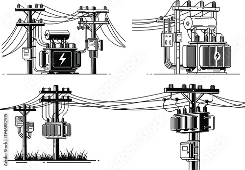 Electrical power transformers on utility poles, detailed vector illustration of distribution system, insulators, circuit breakers, meters, high voltage energy infrastructure design