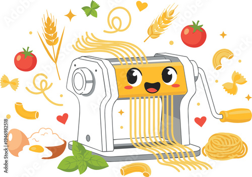 Cute pasta maker machine character with spaghetti noodles tomatoes eggs wheat and ingredients kawaii cooking illustration playful kitchen flat vector design