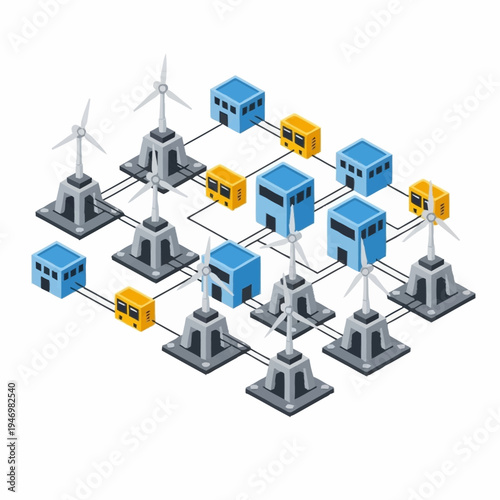 Isometric Smart Grid Network with Wind Turbines and Energy Buildings.